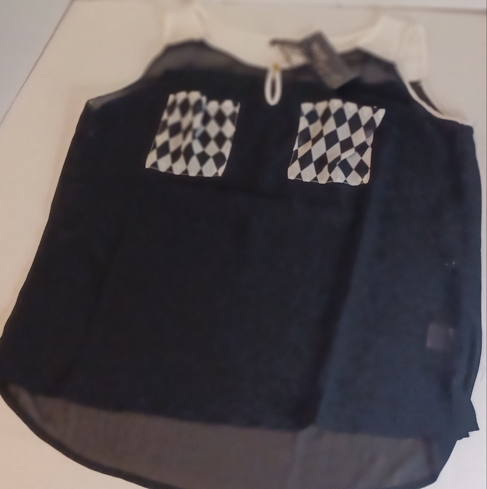 Delusive Women's Small Tank Sheer Black/White with Checkered Chest‎ Pockets, New